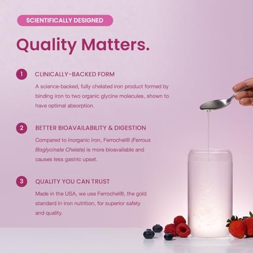 Side angle view of the 16 fluid ounce Mother's Promise blood builder iron formula highlighting its vegan and sugar-free claims.
