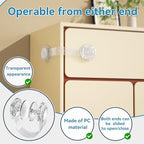 Six individual transparent multiuse baby safety latches arranged on a flat surface