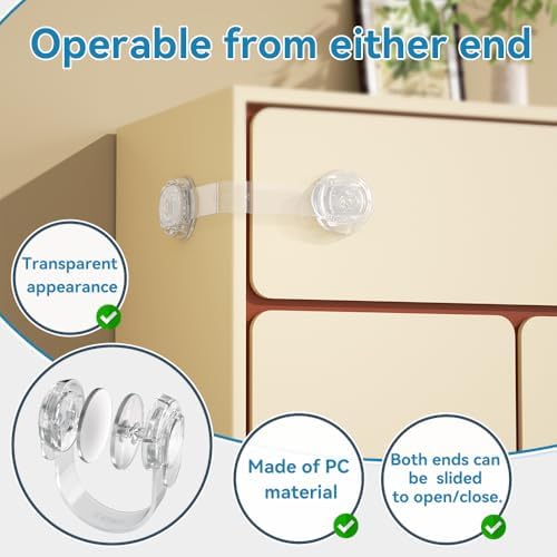 Six individual transparent multiuse baby safety latches arranged on a flat surface