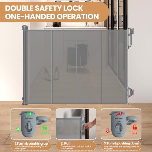 Adjustable lower mount assembly of the gray safety gate fitted neatly over a baseboard