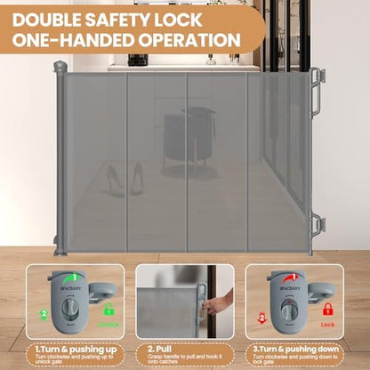 Adjustable lower mount assembly of the gray safety gate fitted neatly over a baseboard