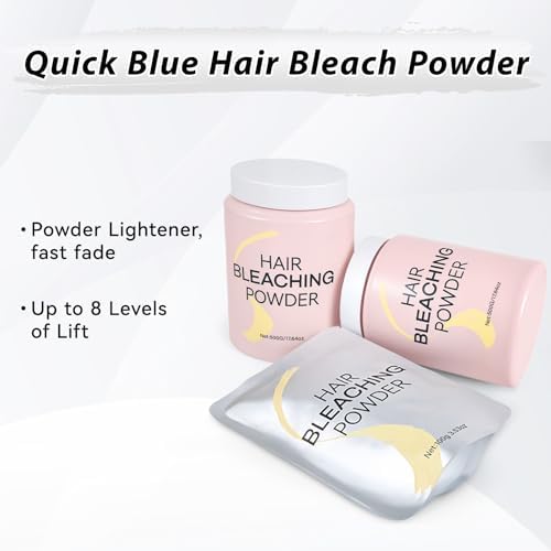 Blue colored hair bleaching powder being mixed in a bowl with developer