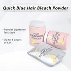 Blue colored hair bleaching powder being mixed in a bowl with developer