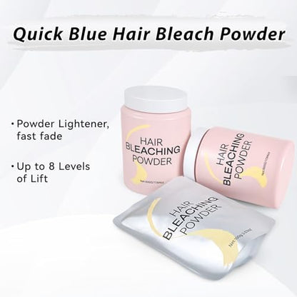 Blue colored hair bleaching powder being mixed in a bowl with developer