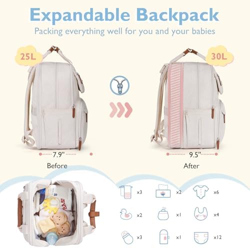 Beige travel baby bag showing side profile and pockets
