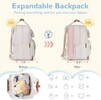 Beige travel baby bag showing side profile and pockets