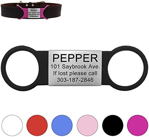 LaReine silent slide on pet id tags front view showing custom laser engraving on a black collar strap.