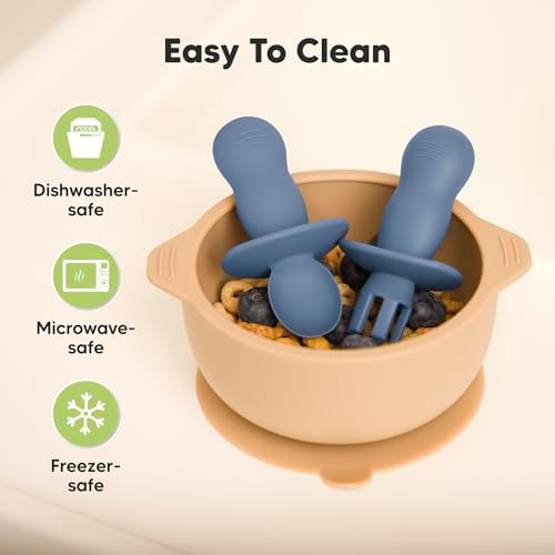The complete slate color KeaBabies silicone cutlery set showcasing two spoons and two forks.