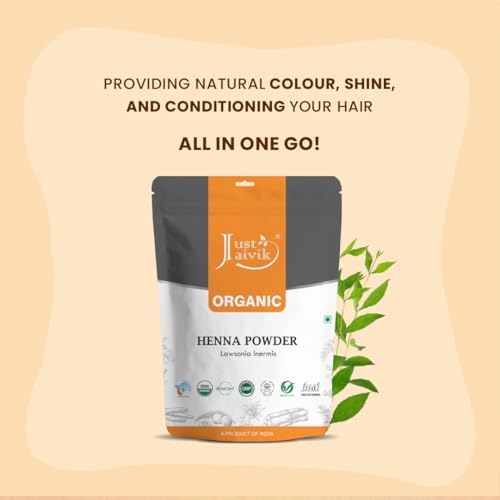 Side view of Just Jaivik henna powder packaging highlighting product benefits