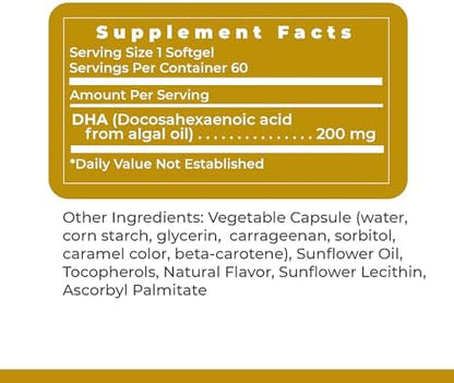 Premier Research Labs vegetarian DHA softgel bottle showcasing clean-label premium certification symbols