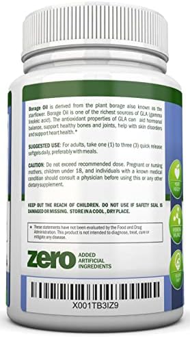 NutriONN cold pressed borage seed oil supplement capsules showing premium high GLA nutrition facts