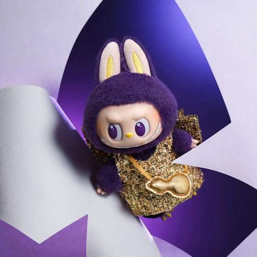 Detailed view of the metallic gold tweed outfit on Labubu