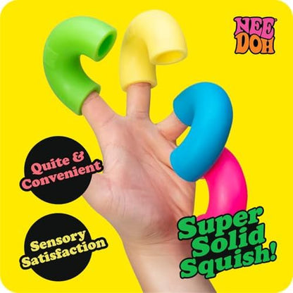 Four squishy neon colored macaroni noodles outside of their packaging