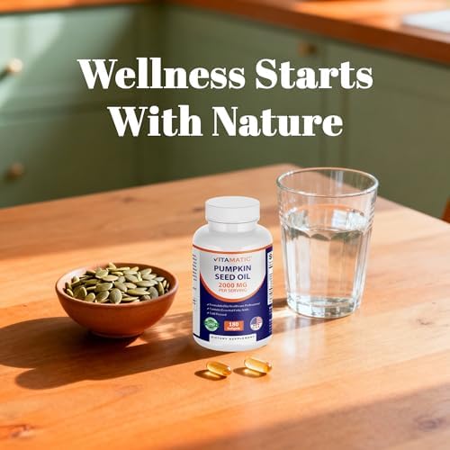 Close up of Vitamatic cold pressed pumpkin seed oil softgels