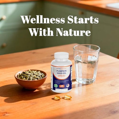 Close up of Vitamatic cold pressed pumpkin seed oil softgels