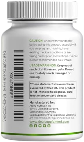 Full packaging view of Deal Supplements 240 count Coenzyme Q10 and Omega 3 dietary supplement.