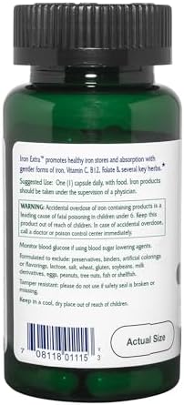 Vitanica Iron Extra vegan capsules displayed next to the bottle highlighting clean formulation