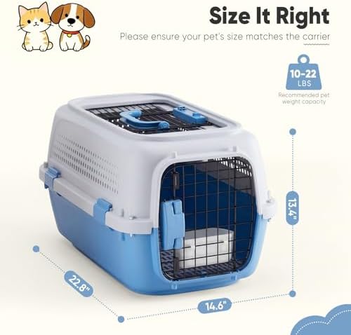 DUMOS 23" Hard-Sided Pet Carrier for Small Dogs & Cats, Airline Approved Travel Crate with Enhanced Security Latches, Front & Top Load Wire Door, Food Bowl for Traveling, Hiking, Camping, Grey&Blue - Image 6