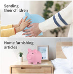 GADIEDIE pink piggy bank placed as a decorative accessory on a wooden nursery room bookshelf