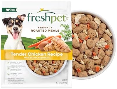 Freshpet Roasted Meals Tender Chicken with carrots and spinach fresh dog food close up texture.