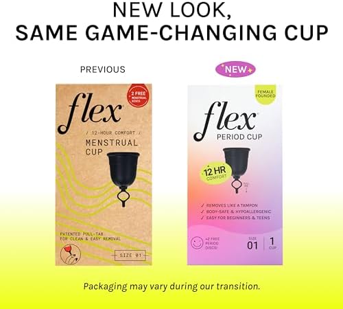 Flex reusable menstrual cup highlighting the patented ReleaseRing pull-tab for easy removal.