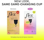 Flex reusable menstrual cup highlighting the patented ReleaseRing pull-tab for easy removal.