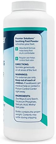 Back label of Premier Solutions foot powder showing usage instructions