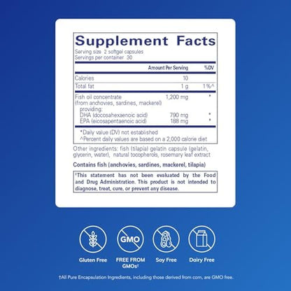 Pure Encapsulations supercritical CO2 extracted fish oil supplement facts label