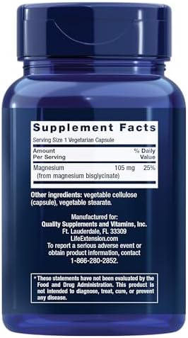 Life Extension Magnesium Glycinate supplement facts and ingredients label layout