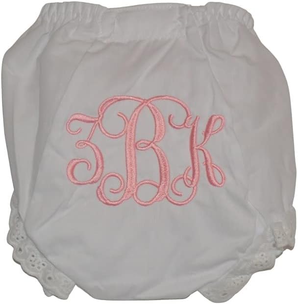 Handmade personalized baby bloomers with interlocking script monogram front view