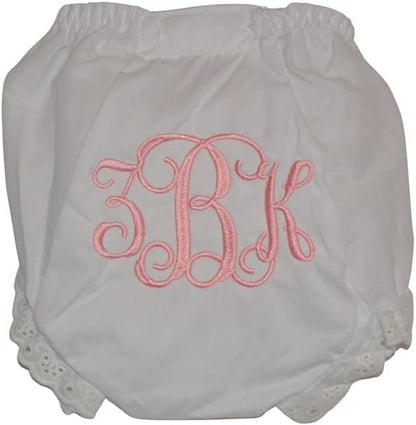 Handmade personalized baby bloomers with interlocking script monogram front view
