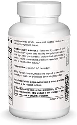 Side view of Source Naturals Pycnogenol bottle detailing the complete supplemental facts panel