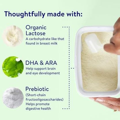 Side view of imported Similac Organic baby formula tub with preparation instructions