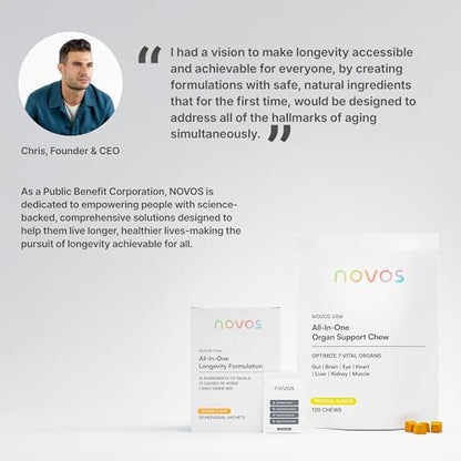 Authentic Novos Vital supplement package highlighting third party tested logo and daily dosage guide
