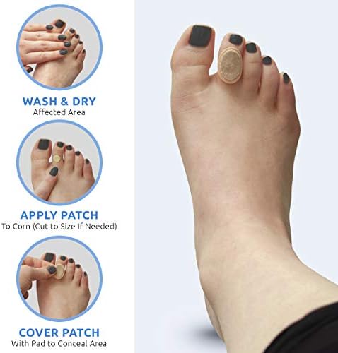 Applying Comfort Zone medicated patch and protective pad on a toe for corn relief.