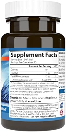 Carlson Elite DHA Gems omega 3 fish oil supplement bottle label displaying nutritional facts.