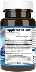 Carlson Elite DHA Gems omega 3 fish oil supplement bottle label displaying nutritional facts.