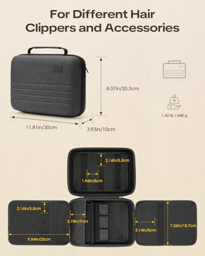 Hedume cordless clipper travel holder demonstrating hook and loop secure strap mechanism
