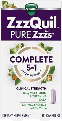 Package contents view of drug free ZzzQuil complete sleep capsules for adults.