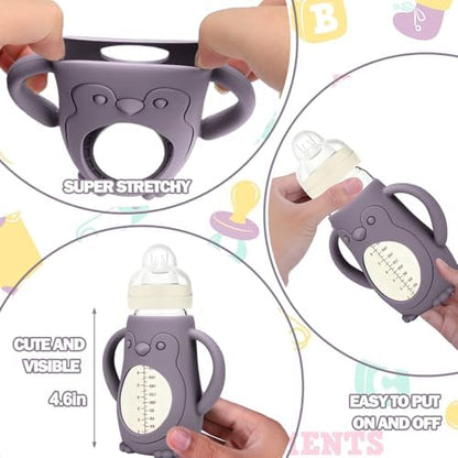 Three pack of yellow grey and pink silicone baby bottle covers
