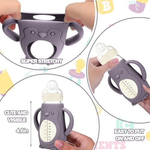 Three pack of yellow grey and pink silicone baby bottle covers
