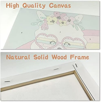 Pre-assembled wooden frame backing on a DIY children art canvas kit.
