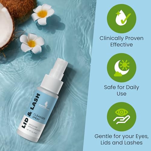 Hypochlorous acid spray bottle for eyelid relief with 30 application pads.