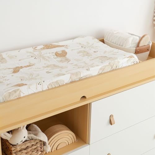 Crane Baby safari animal nursery decor changing mattress cover fitted tightly on a standard infant changing table station.