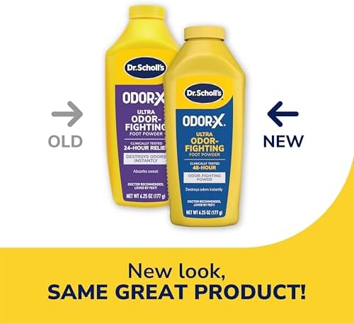 Dr. Scholl's SweatMax technology foot powder bottle showing 24-hour protection labels.