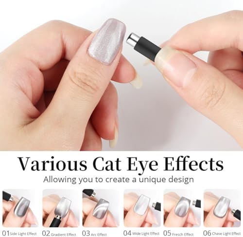 Collection of cat eye nail magnets and tools on white background