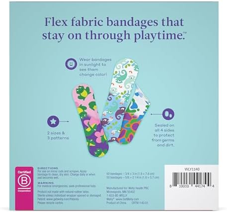 Assorted shapes and sizes of Welly adhesive fabric bandages spread out on a clean surface