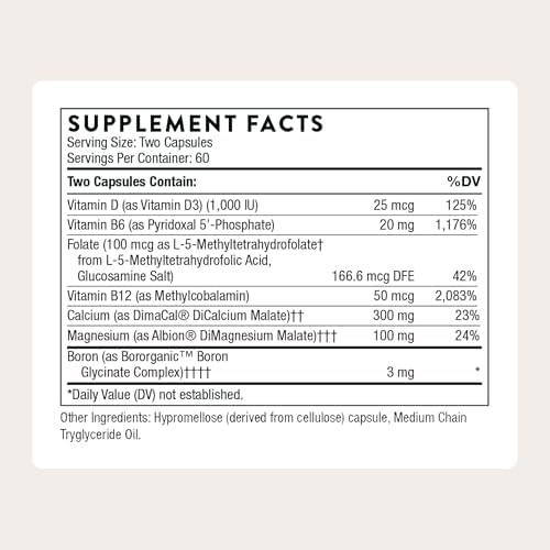 Side angle view of Thorne Advanced Bone Support bottle displaying detailed supplement facts and dicalcium malate ingredients