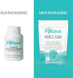 Side view of FijiKava stress relief capsules bottle highlighting ingredient facts.