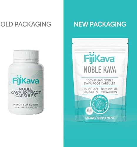 Side view of FijiKava stress relief capsules bottle highlighting ingredient facts.